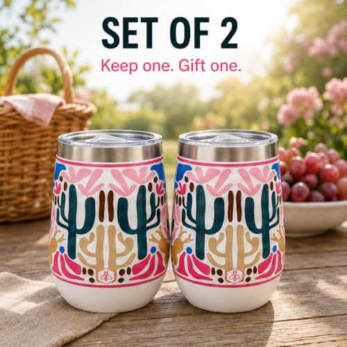 Image of Biddlebee 12 oz Insulated Stemless Wine Tumblers with Lids, Set of 2 | Stainless steel, keeps drinks hot or cold for hours; unbreakable outdoor and travel wine glasses; gift for women, birthday