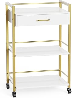 Salon Trolley Cart with Wheels, Wooden Rolling Storage Station, Mobile Utility Cabinet with 1 Drawer 2 Trays, Medical Esthetic Supply for Beauty SPA Massage Tattoo Facials, White Gold