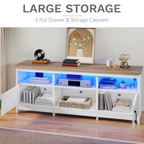 DWVO TV Stand for up to 65 Inch TV, Entertainment Center with Storage, TV Cabinet with Power Outlet & LED Light Strip, Media Console Television Stands for Living Room, White & Walnut