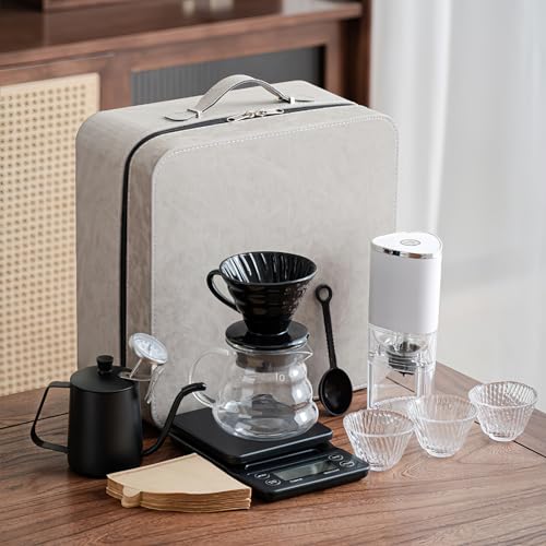 YXYKPPET V60 travel hand-brewed coffee set with electric grinder professional coffee electronic scale and probe thermometer high-end travel leather bag gift box set (12-piece set)