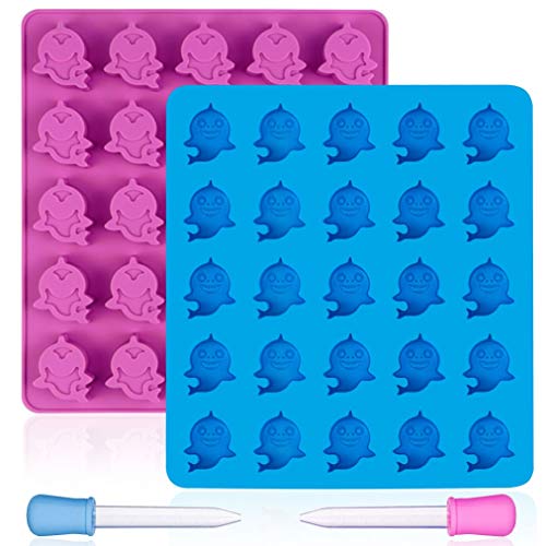 Silicone Candy Gummy Shark Molds - 2 Pack Large Chocolate Molds with 2 Droppers for Ice Cube Hard Candies Pralines Caramels Jelly - Durable BPA Free Silicone (Color Random)
