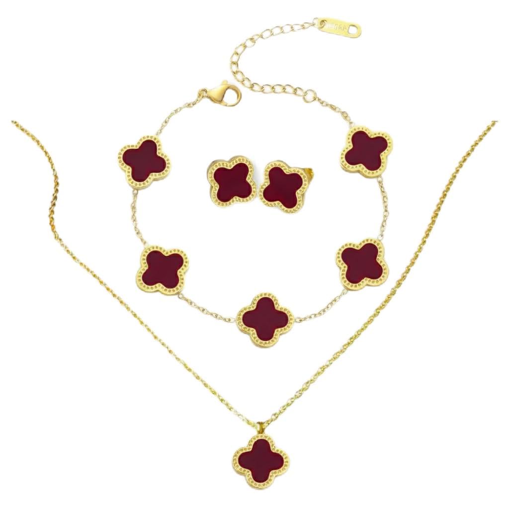 four leaf clover 18K gold plated Jewelry set Jewellery set for women, comes with a cute keychain in a Julie & Co neat gift box. (Gold - Red, Heart Pendant)