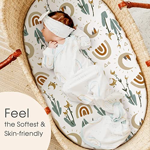 Image of Stretchy Ultra Soft Fitted Bassinet Sheets Set 2 Pack, Cradle Sheet Universal Fit for Rectangle, Oval, or Hourglass Bassinet Pad /Mattress Safe and Snug, Stylish Cute Rainbow Print for Baby