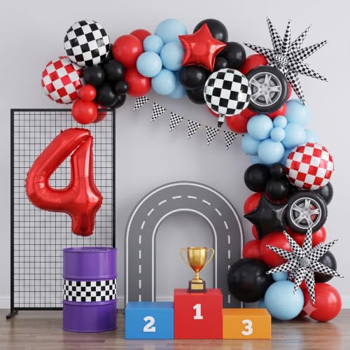 Image of TONIFUL Race Car Party Balloons Set - 40 Inch Red Number 4 Foil Balloon with Checkered Round, Explosion Star & Star Balloons for Boys 4th Birthday Car Themed Decorations, Photo Backdrop Supplies