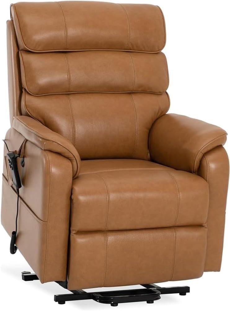 Dual Motor Electric Lift Recliner Chair for Elderly Genuine Leather Lay Flat Sofa with Heat Massage Function Infinite Adjustable Position Camel Upholstery Support 300 LBS Comfortable Seating