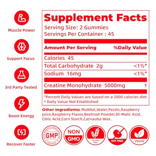 novomins Creatine Monohydrate Gummies 5000mg for Men & Women, Chewables Creatine Monohydrate for Muscle Strength, Muscle Builder, Energy Boost, Pre-Workout Supplement(90 Count)-Raspberry Flavor. — view 3