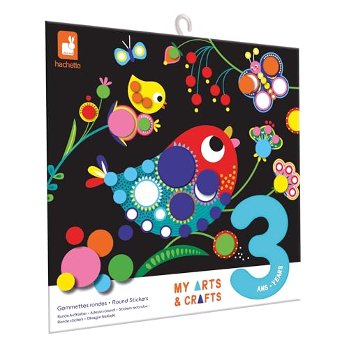 Janod - My Arts & Crafts - Desde los 3 Años - Pegatinas Redondas - 4 Cuadros - Kit de Manualidades para Niños - Aprendizaje de Motricidad Fina y Concentración - J09146