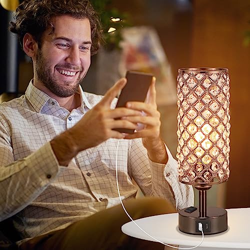 Image of Hong-in Crystal Table Lamp Touch Control Set of 2, 3-Way Black Crystal Lamps with USB C+A Ports & AC Outlet, Dimmable Nightstand Desk Lamps,Modern Bedside Table Lamp for Bedroom(Bulbs Included)