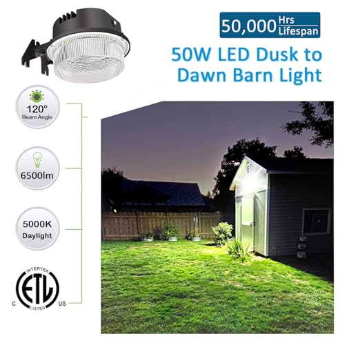 SZGMJIA 2-Pack LED Barn Light 50W, 6500lm Dusk to Dawn Yard Lighting with Photocell, 5000K Daylight 500W MH/HPS Replacement, 5-Year Warranty, IP65 Waterproof for Outdoor Security/Area Light - Thumbnail 2
