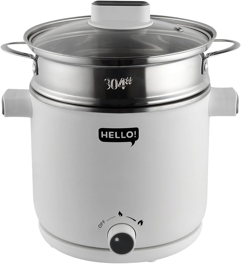 HELLO Electric Multi Cooking Pot 1.5L with Steamer, Portable Cooker for Ramen, Shabu-Shabu, Noodles, Soup, Frying | Stainless Steel, White