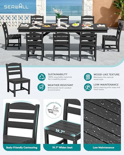 Image of SERWALL 9 Piece 84 inch HDPE Outdoor Dining Set for 8 with Armless Chairs and Umbrelle Hole, Black