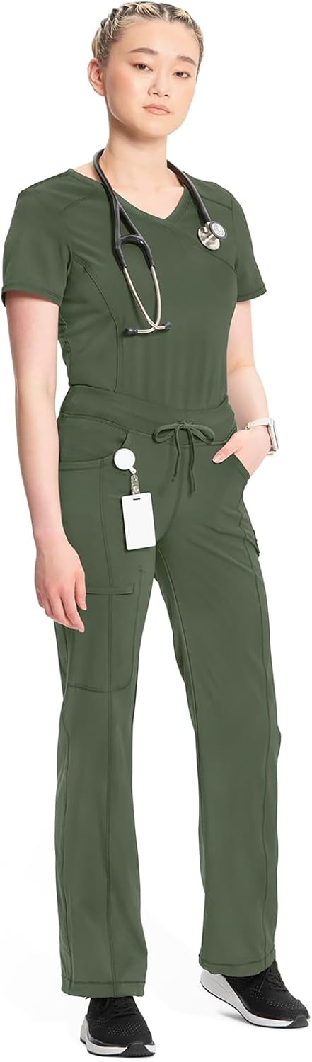 Cherokee Women Scrub Set with 8 Pockets, Mock Wrap Top 2625A and Straight Leg Zip Closure Drawstring Pant 1123A