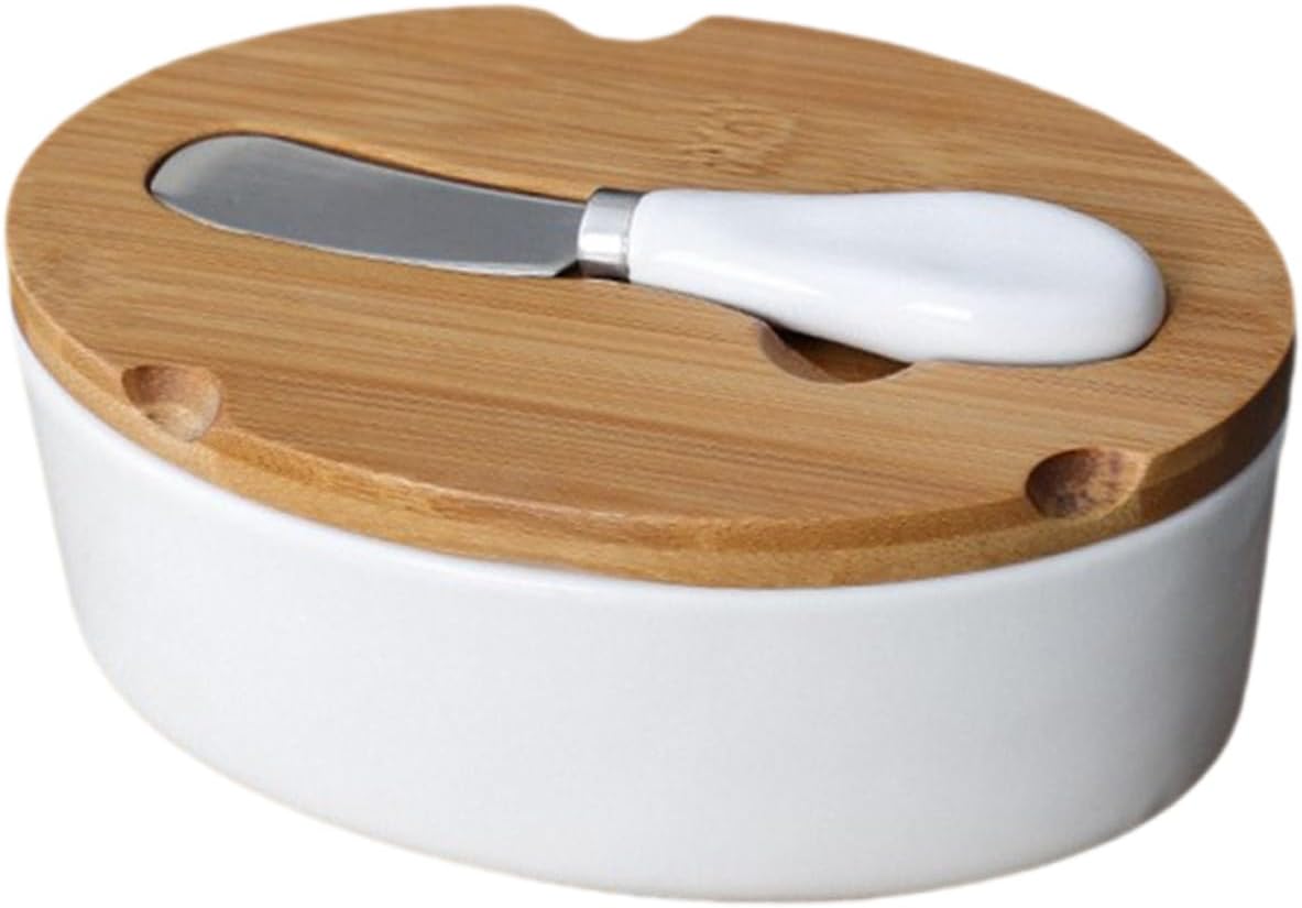 VICASKY Ceramic Butter Dish with Lid and Cutter Butter Storage Box Set Oval Nordic Style for Kitchen Dining Preservation