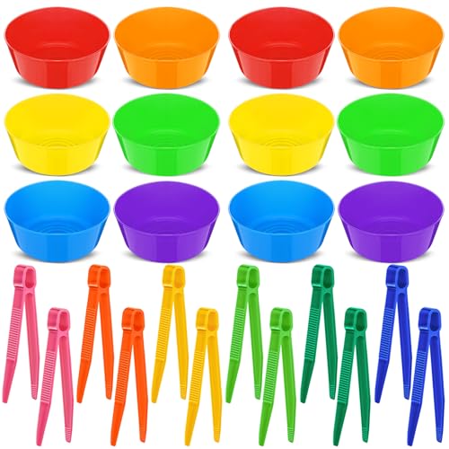 Image of VioraWhite 24 Pcs Sorting Bowls with Tweezers, 6 Color Counting Toy Develops Fine Motor Skills, STEM Early Math Activity Set for Preschool Kids, Ideal for Back to School Learning
