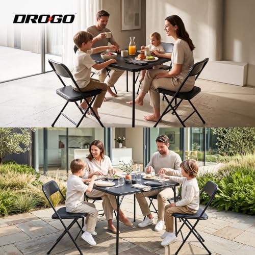 Image of DROGO Azura Foldable Dining Table Set of 4 Chairs for Home | Waterproof PP Tabletop with Metal Frame | Lightweight & Skidproof | Portable Picnic Table for Home, Garden, Camping, Outdoor (Black)