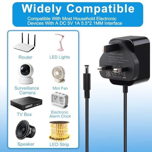 5V 1A Power Supply Adapter UK Plug, AC dc 5v charger Switching Charger 5W, 5.5mm x 2.1mm Center Positive, 100–240V Wall Adapter for CCTV Camera, LED Strip, Router, Speaker 1.5m cable - Image 5