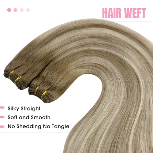 Image of YoungSee Sew in Hair Extensions Real Human Hair Light Brown Balayage Platinum Blonde Weft Hair Extensions Human Hair Dyable Sew in Bundles Human Hair for Women 100g 16 Inch