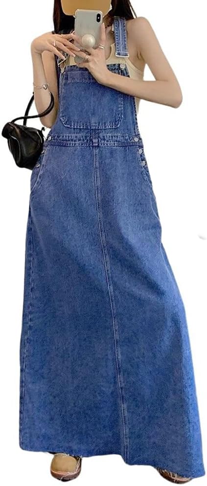 chouyatou Women's Adjustable Strap Distressed Denim Overall Dress A-Line Back Split Pinafore Bib Jean Dress