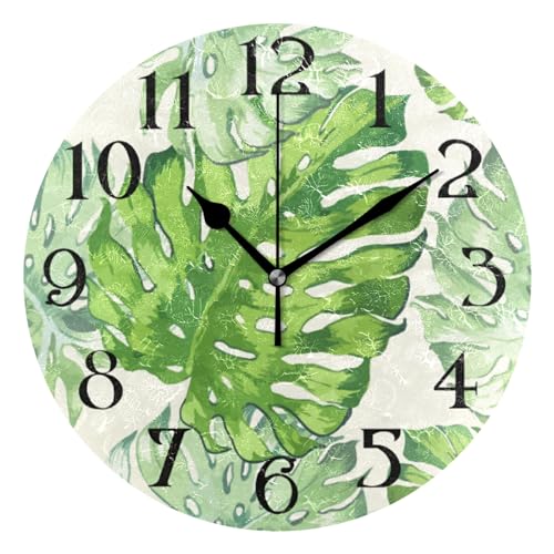 Plants Clock Tropical Wall Clocks Battery Operated Green Palm Leaf Non Ticking Kitchen Clock Decor 9.5 Inch Decorative Round Clock Easy to Read for Bedroom Living Room Home