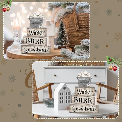 Image of Moucuny 4 Pcs Winter Table Decorations Winter Tiered Tray Decor Christmas Table Centerpiece Rustic Decorative Snowball Snow Bucket Block Sign Farmhouse Christmas Decorations for Home Kitchen Shelf