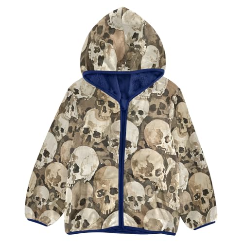 Skull Pattern Print on Fabric Toddler Fleece Jacket Girl Boys Hooded Fleece Jacket Coat Warm Outwear Zip-up 3-10T