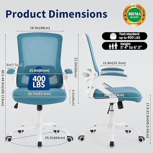 Image of Ergonomic Office Chair, Desk Chair with Adjustable Lumbar Support, Breathable Mesh Comfy Computer Chairs with Flip-up Armrests Executive Task Chair for Adults Home Office (Lake Blue)