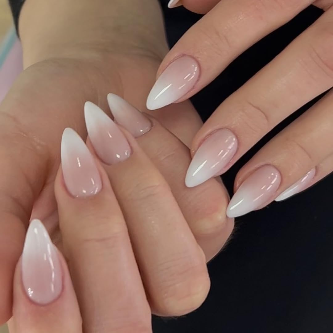 KQueenest Ombre Pink Press on Nails Almond Medium, French Tip False Nails Almond, Glossy Gradient Nude Acrylic Fake Nails Set - Image 2