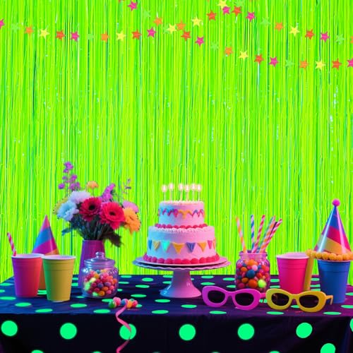 Image of 2 Pack Glow in The Dark Party Curtains, Neon Party Decorations 6.6 x 6.6 ft Fluorescent Macaron Yellow Tinsel Foil Fringe Curtains, Photo Booth Prop Backdrop Streamers, Birthday Halloween Party Decor