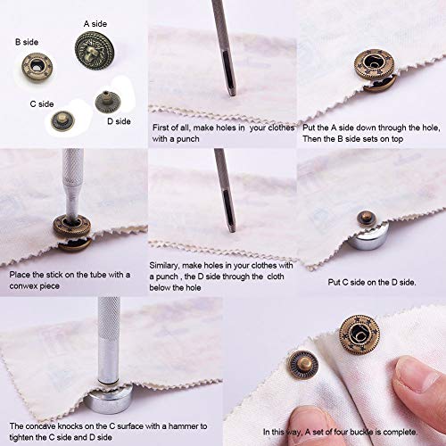 10 Set Bronze Vintage Antique Metal Snap Button Fastener, Lion Head Buttons, for Leather Craft DIY Overall Jacket, with Caps Sockets Studs