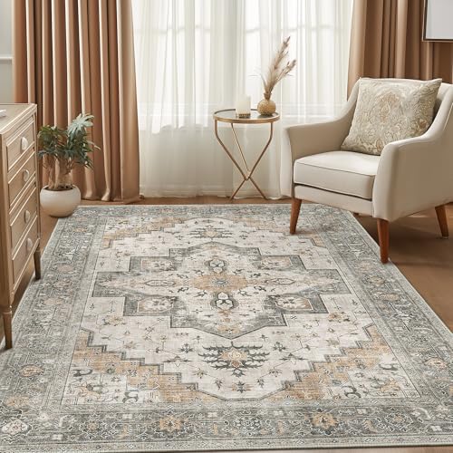 BESBLEE 8x10 Washable Area Rug for Living Room, Machine Washable Rugs Vintage Print Carpet for Bedroom, Low Pile Lightweight Distressed Mat with Non Slip Backing,Taupe