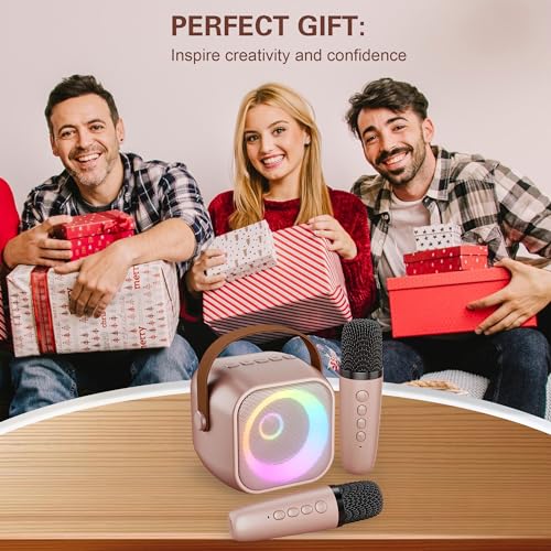 Image of Mini Karaoke Machine, Portable Bluetooth Karaoke Speaker with 2 Wireless Microphones and Party Lights for Kids and Adults, Birthday Gifts for Girls Boys Family Home Party (Rose Gold)