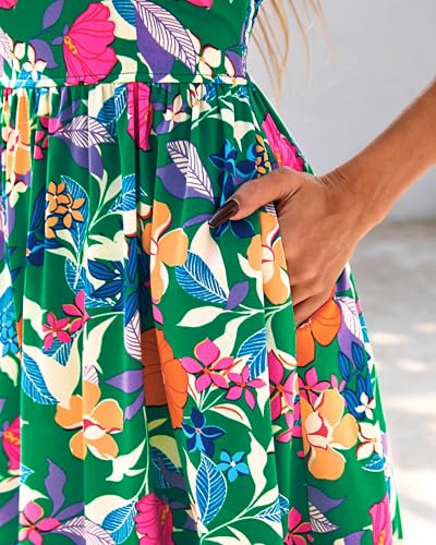 dowerme Summer Dresses for Women 2026 Casual Ruffle Smocked Tiered A-Line Boho Floral Maxi Beach Sun Dress with Pockets(Green Orange Flower,Small) — view 6