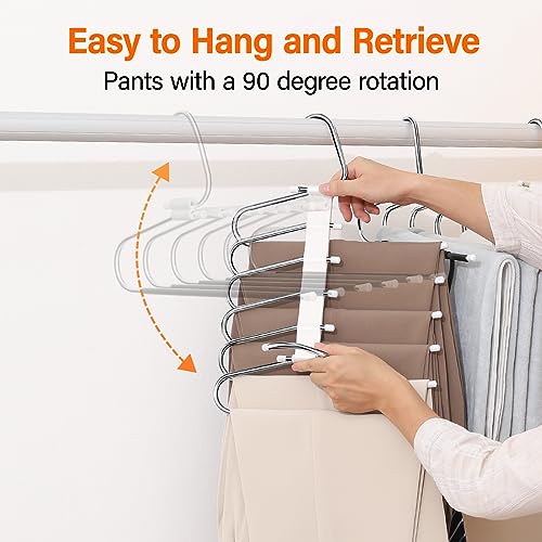 Upgraded Collapsible Pants Hangers Space Saving, 6 Layers Clothes Rack, Stainless Steel Multifunctional Closet Organizer, Non Slip Metal Hangers for Pants Jeans Skirts Trousers (2 Pack) - Image 5