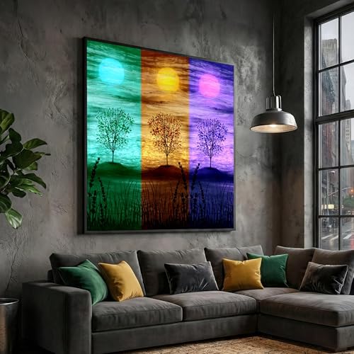 Tableau sur toile arbre coloré 4 saisons paysage abstrait trio de nature XINBAO 60x60cm
