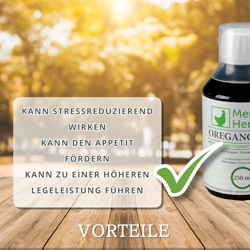 Meine Hennen Oregano-Plus 250 ml, Oregano,Thymian und Zimt Ergänzungsfuttermittel für Hühner, Tauben und Wachteln. Für Ihr Geflügel zur Unterstützung der Darmfunktion, sowie des Stoffwechsels