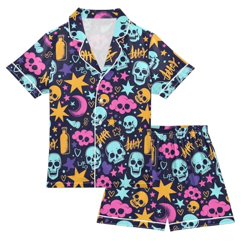 Creative Graffiti Summer Satin Pajama Set, Cute Button-Down Sleepwear Pj Set for Sleep Wears