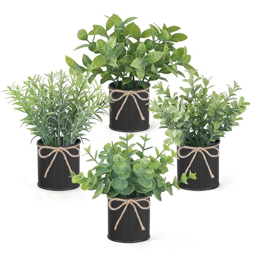 Mkono 4 Packs Small Fake Plants in Farmhouse Galvanized Pots Table Centerpiece Mini Potted Artificial Plants Faux Eucalyptus for Shelf Office Rustic Home Decor (Black, Mini-6' H)