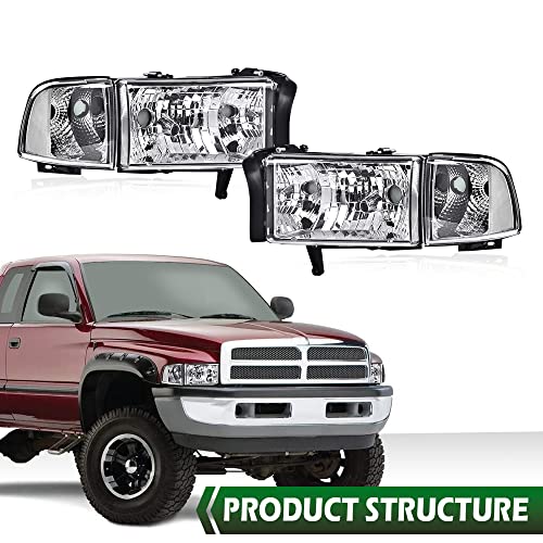 Image of GRAND ORANGE Headlights Assembly, Compatible with Dodge Ram 1500 2500 3500 1994 1995 1996 1997 1998 1999 2000 2001 2002 Clear lens Chrome Housing Clear Reflector