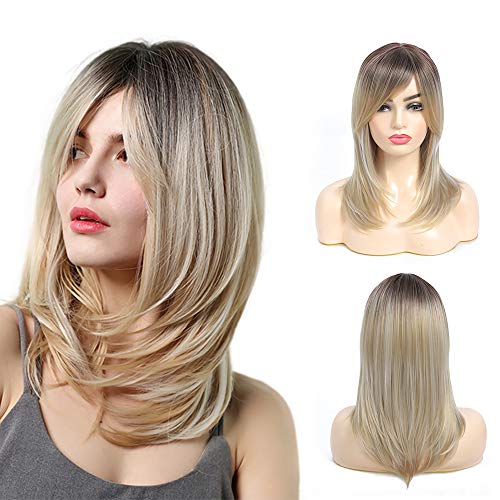Long Blonde Wigs for Women Synthetic Hair Wig with Bangs Ombre Color with Brown Roots