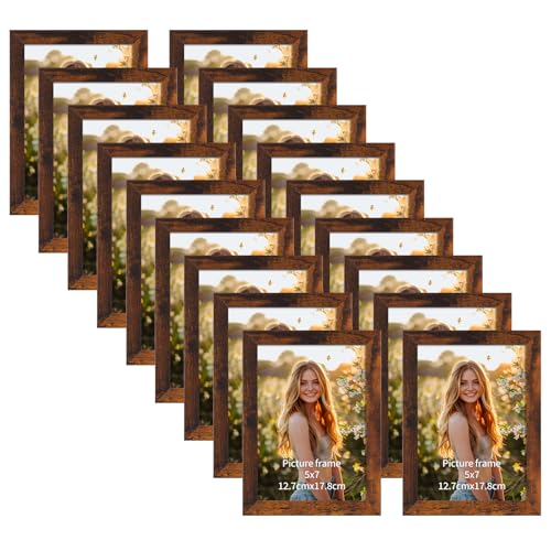 PETAFLOP Picture Frames 5x7 Bulk Set of 18 Wooden Brown Photo Frames Fits 5 by 7 for Wall or Tabletop Display