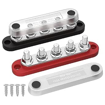 DaierTek Power Distribution Block with Cover, 5 x 1/4" Studs, Max 150A, 48V DC / 300V AC, Automotive Marine