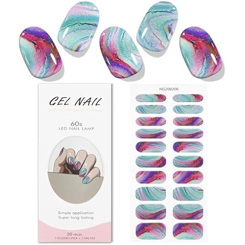 JMEOWIO Marble Blue Purple Gel Nail Strips Cover