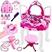 Kinderplay Postazione Trucco Bambina - Trucchi Bambina, Toilette con Bacchetta Magica Rosa, Asciugacapelli Funziona Come se Fosse Reale, con Sgabello, Ingresso MP3 Specchiera, KP8846