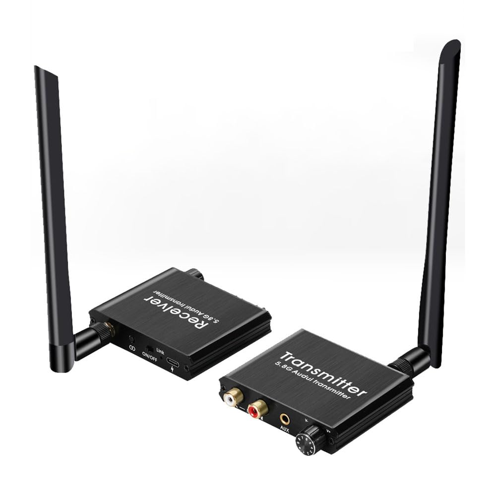5.8G No Delay RCA Audio Transmitter and Receiver with 3.5mm R/L RCA Wireless Audio Adapter for DVD TV Computer