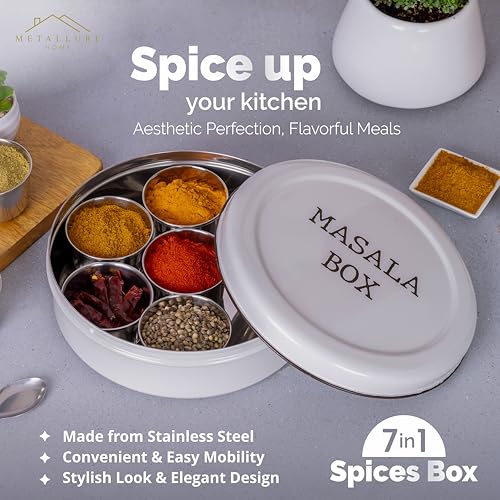 Image of Metallure Home Modern Stainless Steel Masala Box | Masala Dabba with 7 Containers and Spoon | Kitchen Spice Storage Container | Masala Dani (Spoon Included) | Handcrafted Aesthetic Design (Light Grey)