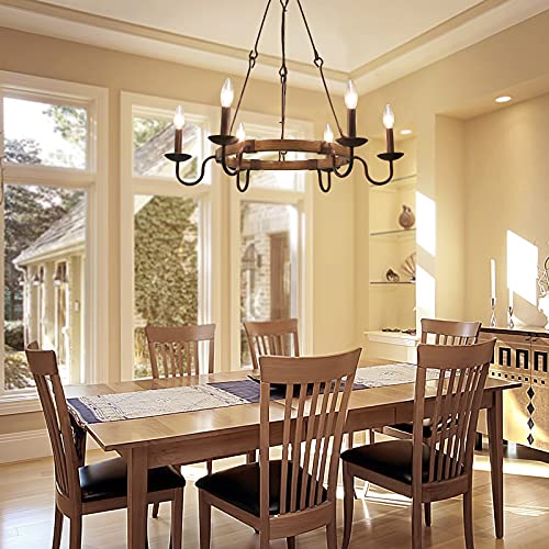 Log Barn Farmhouse Chandelier, Island Lights For Kitchen, 28" Large Wagon Wheel Chandelier For Dining Room, Foyer In Rustic Metal Finish With 6 French Country Style Curved Arms #TOP1