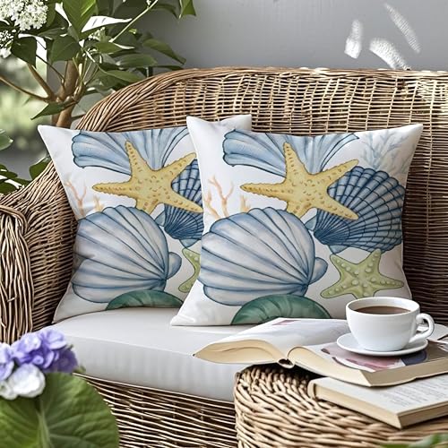 mellicoma Waterproof Outdoor Pillow Covers 18x18 Pack of 2 Seashell Starfish Motifs Pattern Throw Outdoor Pillows for Garden Funiture Patio Home