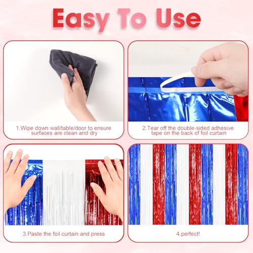 Image of Voircoloria 2 Pack Red White and Blue Tinsel Foil Fringe Curtains, 4th of July Decorations, Metallic Tinsel Party Streamers Backdrop for Patriotic, Memorial Day, Independence Day Party Decorations