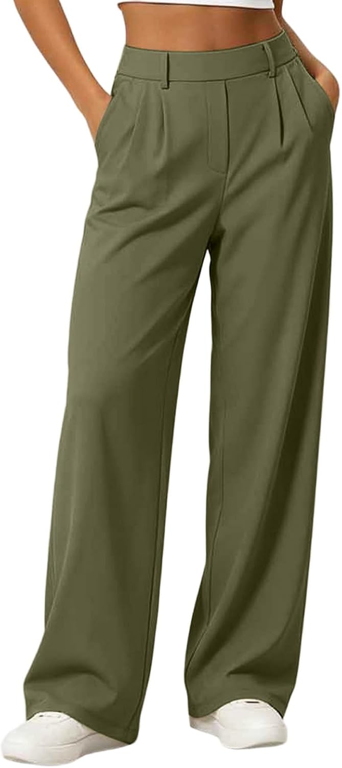 Womens Wide Leg Dress Pants High Waisted Pleated Front Work Trousers Flowy Office Loose Fit Slacks with Pockets