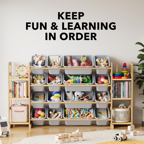 Image of SpaceAid Toy Storage Organizer with 6 Shelves and 16 Bins, Toy Organizers Storage Bookshelf, Kids Bin Shelf Toys Box Bookcase for Bedroom Playroom Organization Room Decor, Neutral Gray